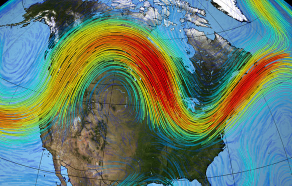 Visualisation using NASA's MERRA dataset to model the jet stream over North America, between June and July, 1988. Credit: Science History Images / Alamy Stock Photo. T81PF2