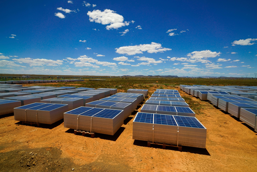 Piles of solar photovoltaic cells in semi-desert near Hanover, Northern Cape, South Africa